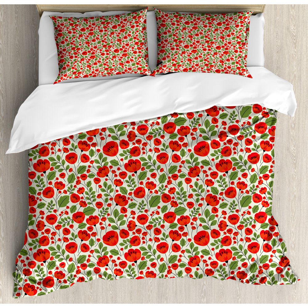 Poppy Duvet Cover Set, Abstract Floral Arrangement Doodle Style Petals