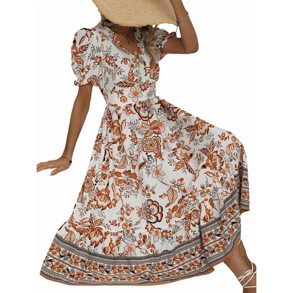 Women'S 2025 Summer Puff Sleeves Boho Floral Print Casual Flowy Long Maxi Dress Orange Color M
