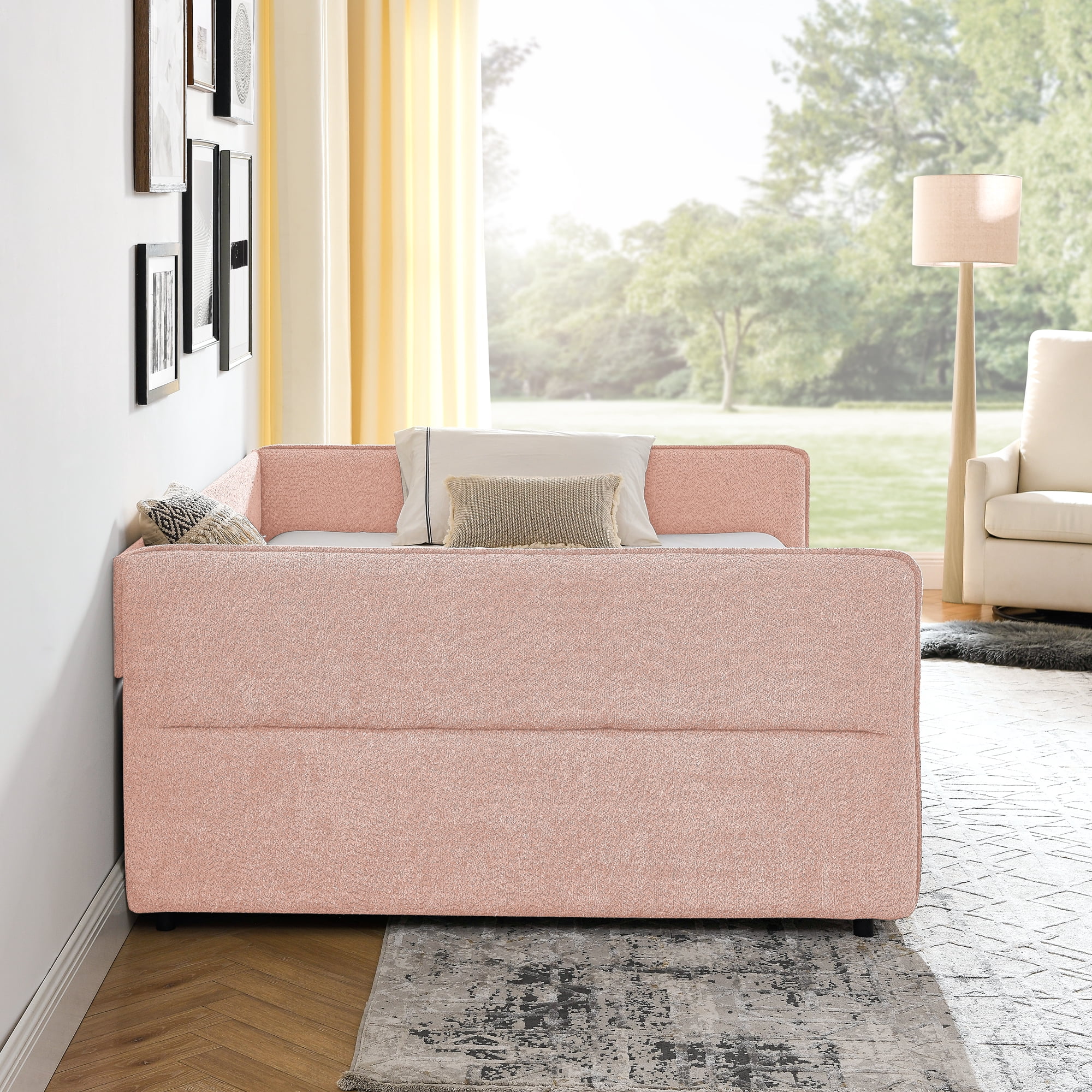 Mintazer Queen Upholstered Daybed with 2 Storage Drawers, Modern Sofa Bed for Living Room & Bedroom, Pink