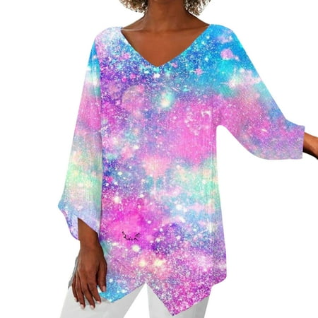 

LBECLEY Womens Tops Active Womens Tops Women Autumn and Winter Casual V Neck Retro Leaf Tie Dye Print Long Top Scrub Tee Shirts Women T Shirts for Women Polyester G S