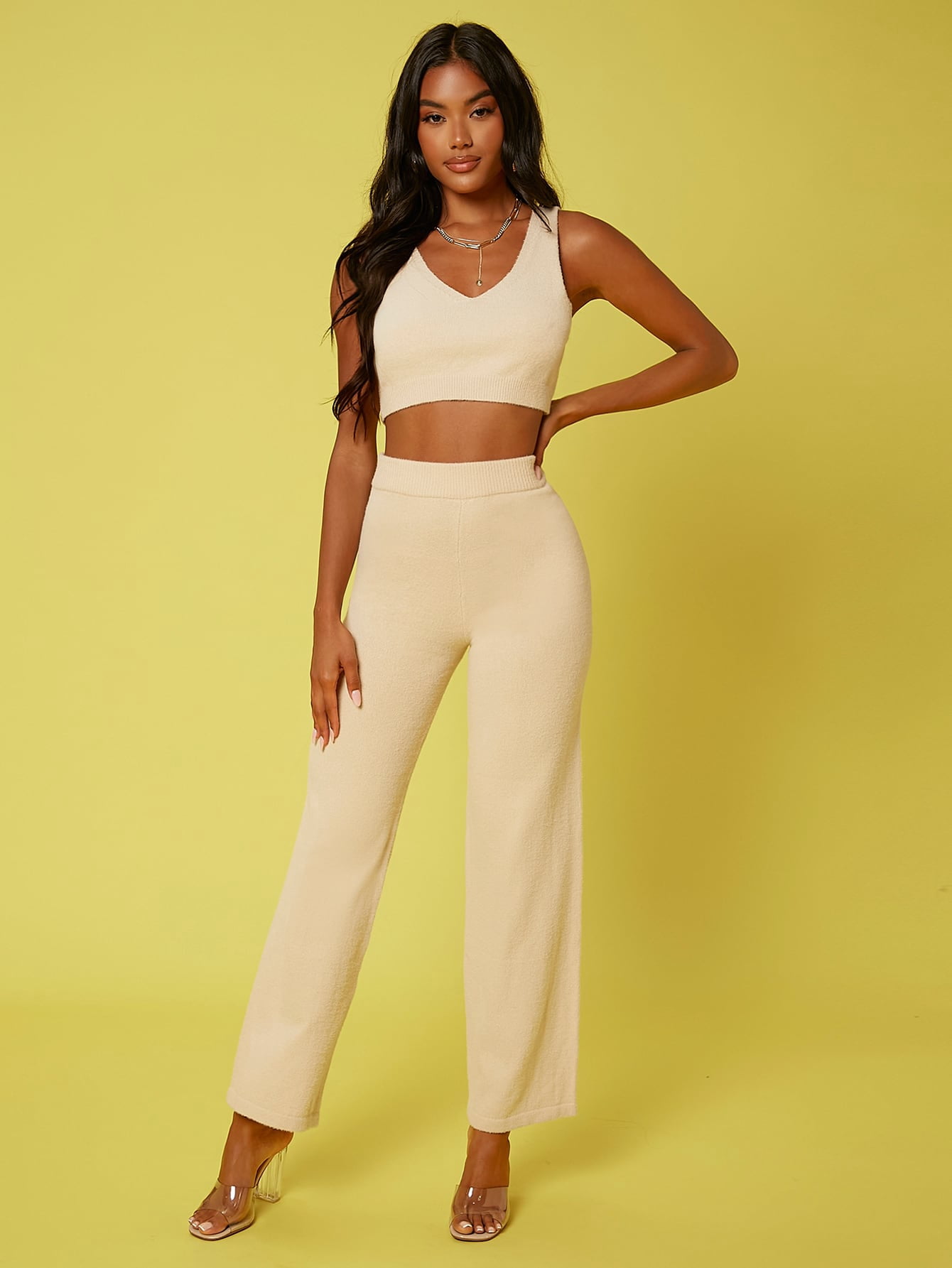 Apricot Solid Tank Top Knit Pants Set 