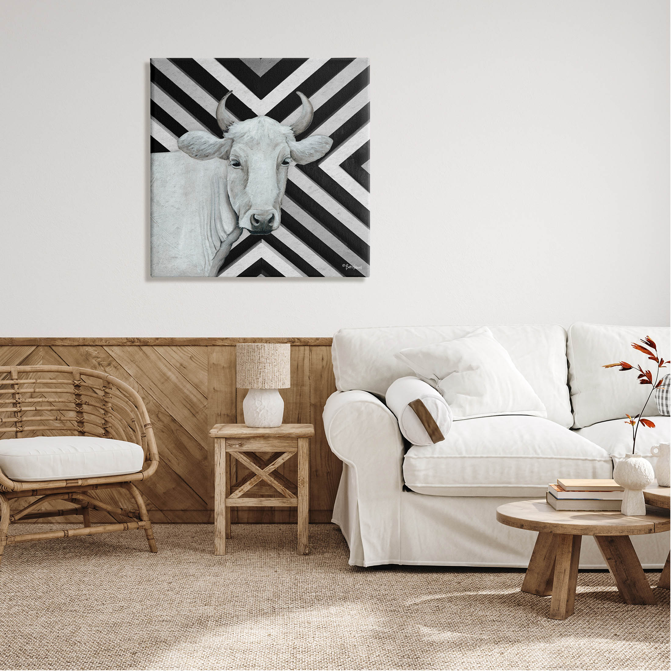 White Cattle Chevron Stripes Animals & Insects Graphic Art Gallery Wrapped Canvas Print Wall Art