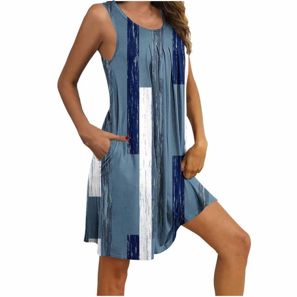 Camisón sin mangas con bolsillos y estampado para mujer, camisón plisado con cuello redondo, vestido de poliéster para mujer