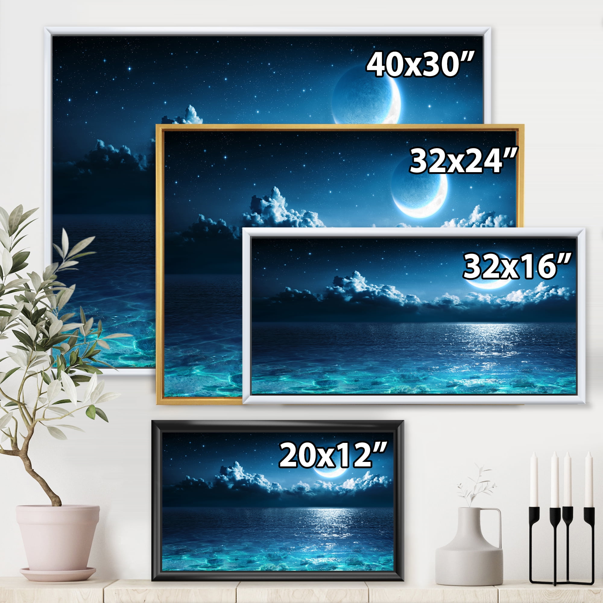 Designart 'Romantic Moon and Clouds Over Deep Blue Sea I' Nautical & Coastal Framed Canvas Wall Art Print