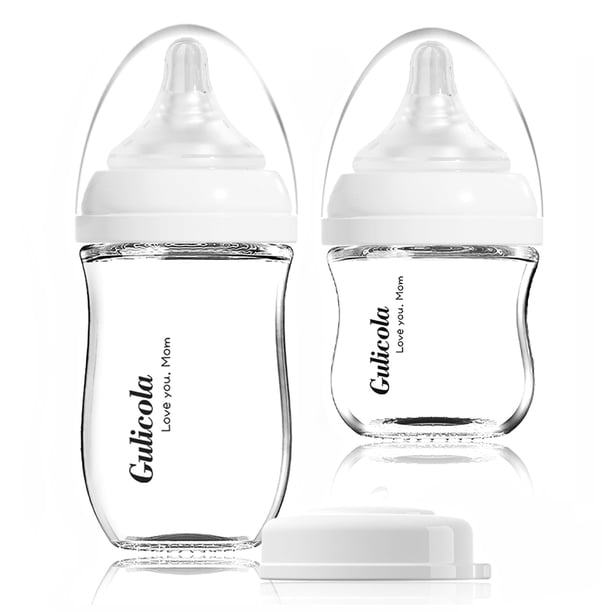 Gulicola Juego de biberones de vidrio natural para recién nacidos, 3 oz y 5 oz con flujo extra lento y tetina de flujo lento, anticólicos, 0-3 meses, paquete de 2, color blanco