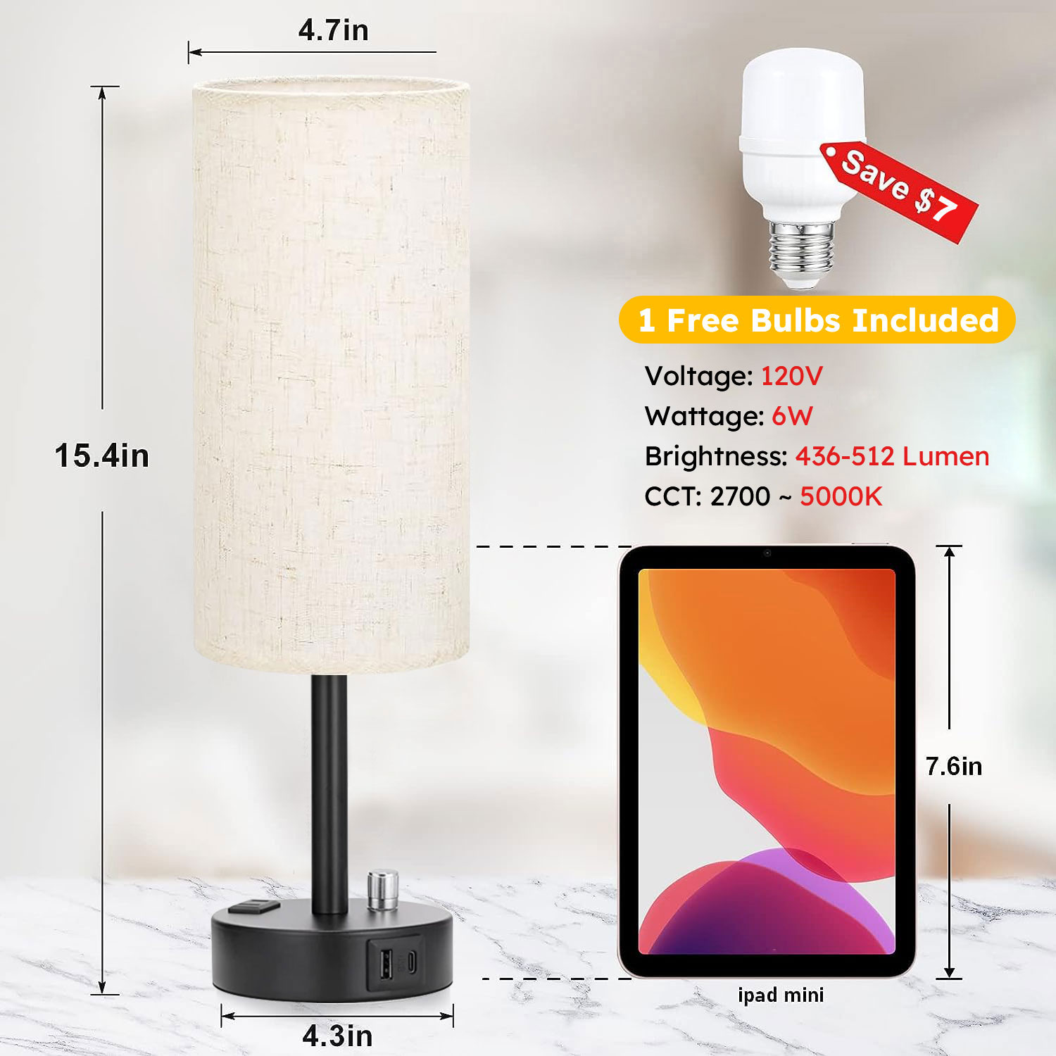 GVDV Bedside Table Lamp with USB Charging Port, Dimmable photo 7