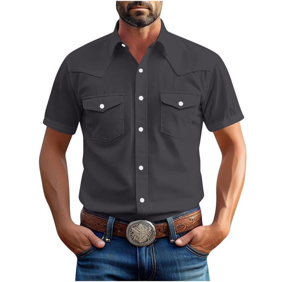 Mlkoz Button Up Shirt Men Solid Color Collared Short Sleeve Summer Tops Casual Work Shirts with 2 Chest Pocket