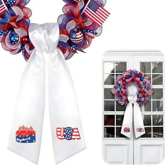 geerera 4th of July Patriotic USA Flag Wreath Sash, Red White Blue Star Stripe Satin Ribbon for Front Door Wreath, Fence & Independence Day Decor,56"