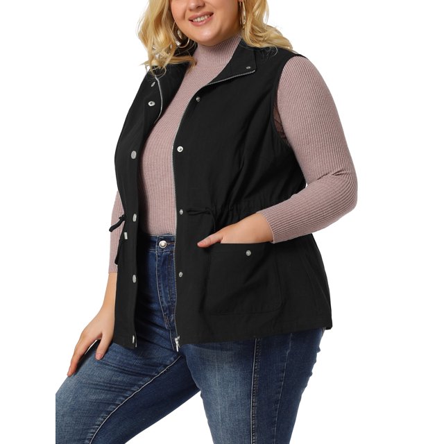 Women's Plus Size Utility Vest Stand Collar Cargo Pocket Drawstring Waist Sleeveless Jacket Black 2X