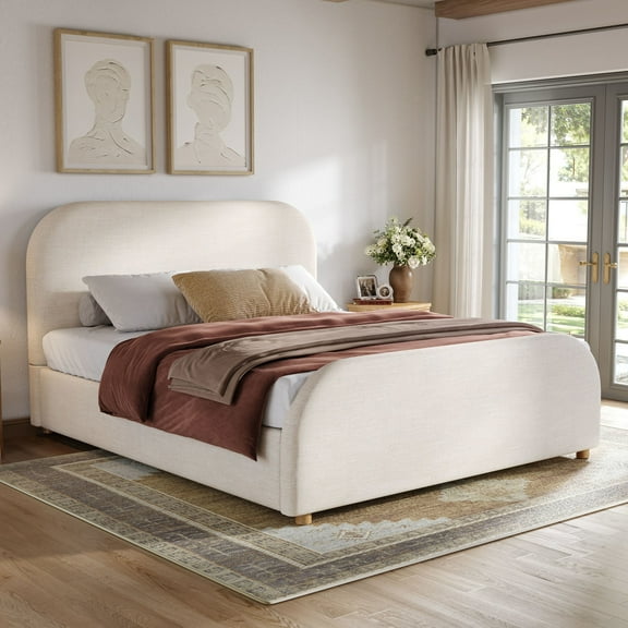 Christopher Knight Home Queen Size Bed Frame With Linen Upholstered Curved Headboard, Solid Wood Legs, Beige