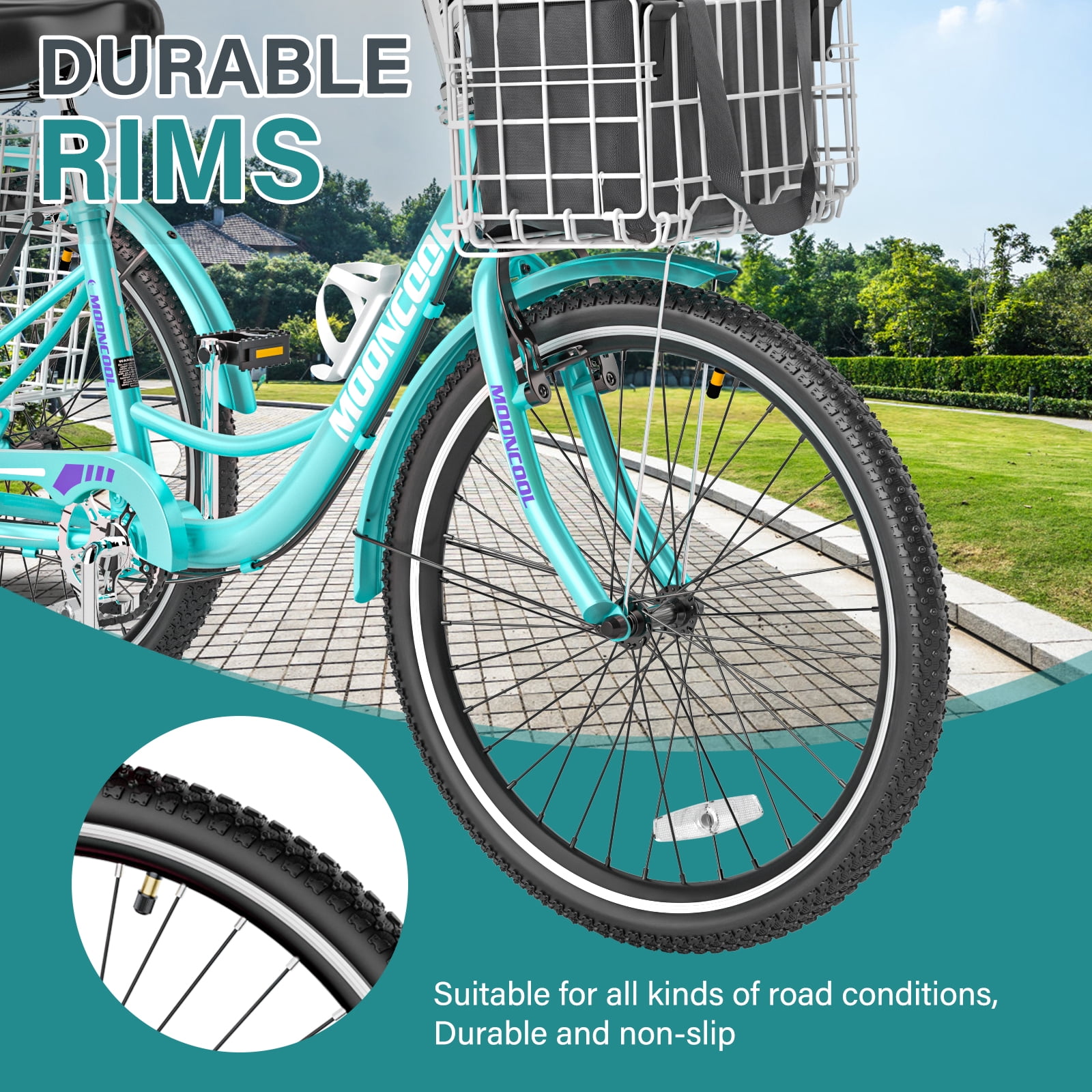 Mooncool Adult Tricycle 20/24/26 inch 7 Speed, Three Wheel Bicycle for Adult, Trike Cruiser W/ Tools & Big Basket for Exercise Shopping Picnic Outdoor Activities