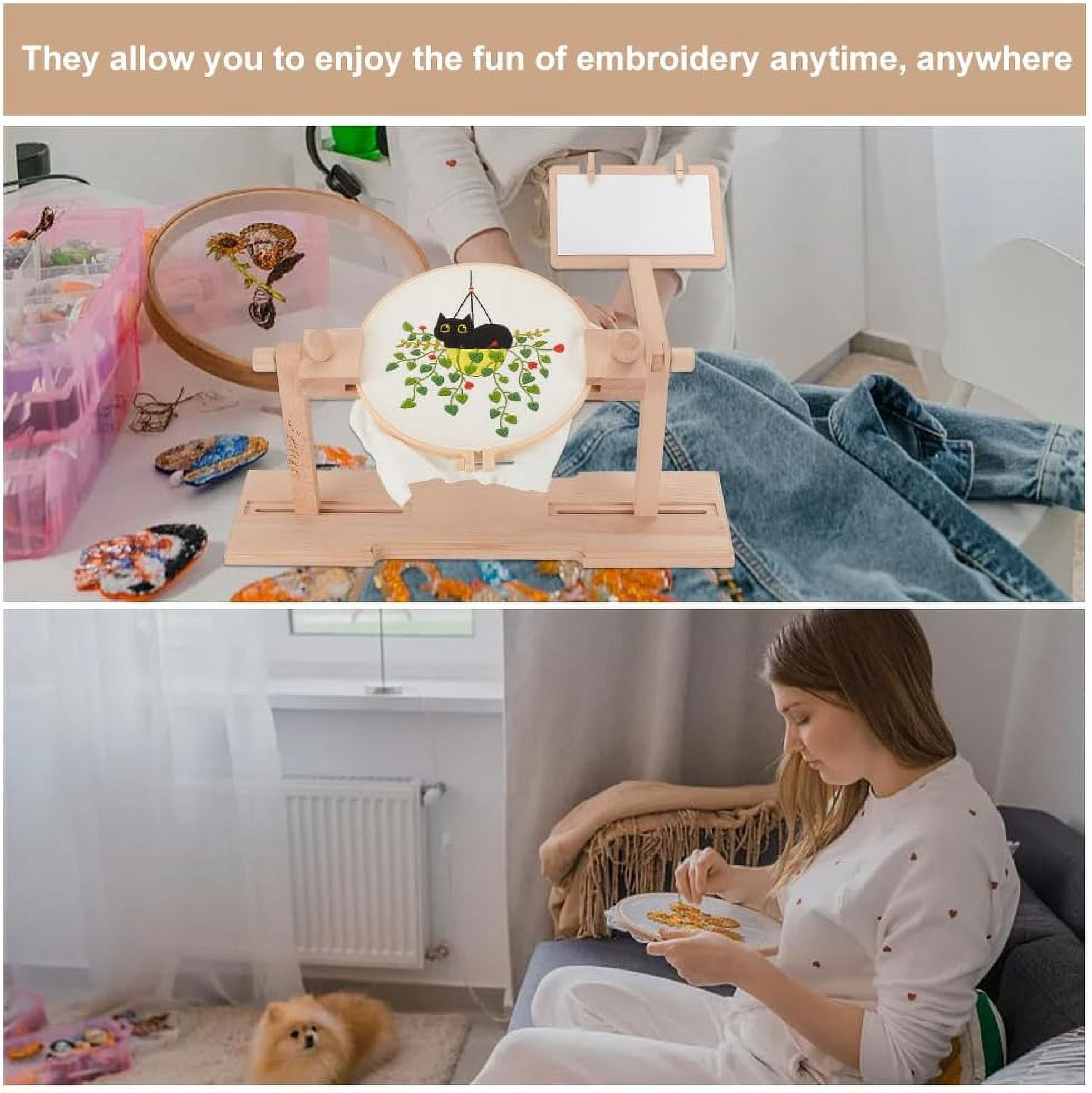 Adjustable Embroidery Hoop Holder with 6 Sizes Stitch Embroidery Hoops 360 Degrees Rotated Stitch Stand Wooden Embroidery Hoop Holder for Stitch and Embroidery Project