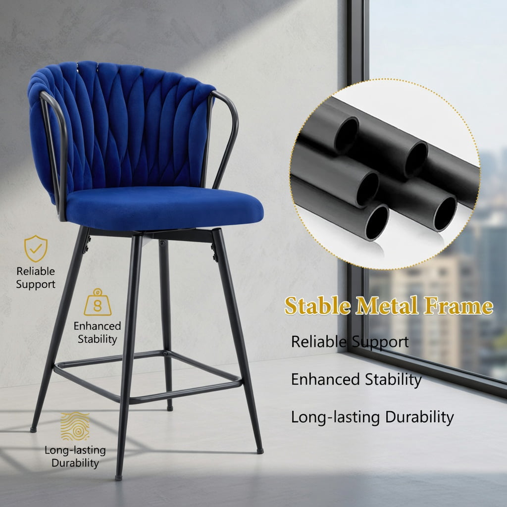 Hommoo 2-Pack Modern Velvet Bar Stools with Woven Rope Backrest & Black Metal Frame, Counter Height Kitchen Island & Home Bar Seating, Blue