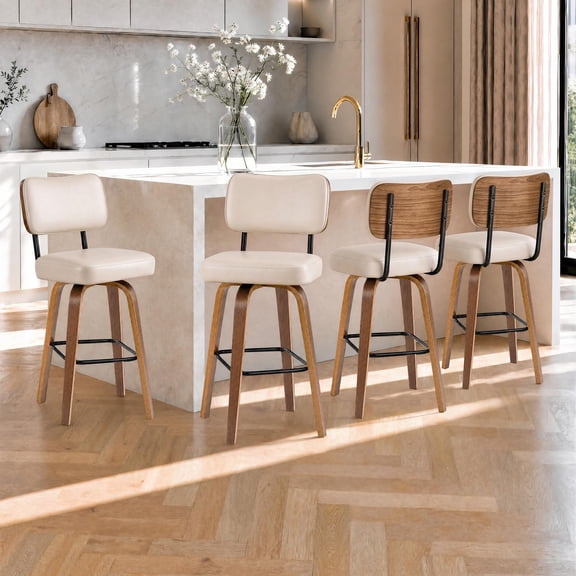 Bar Stools, Counter Height Bar Stools Set of 4, 26-Inch Swivel Chairs with Back, Cream White Faux Leather Upholstery, Bentwood Legs, Footrest, 350 lb Capacity for Kitchen Island, Home Bar