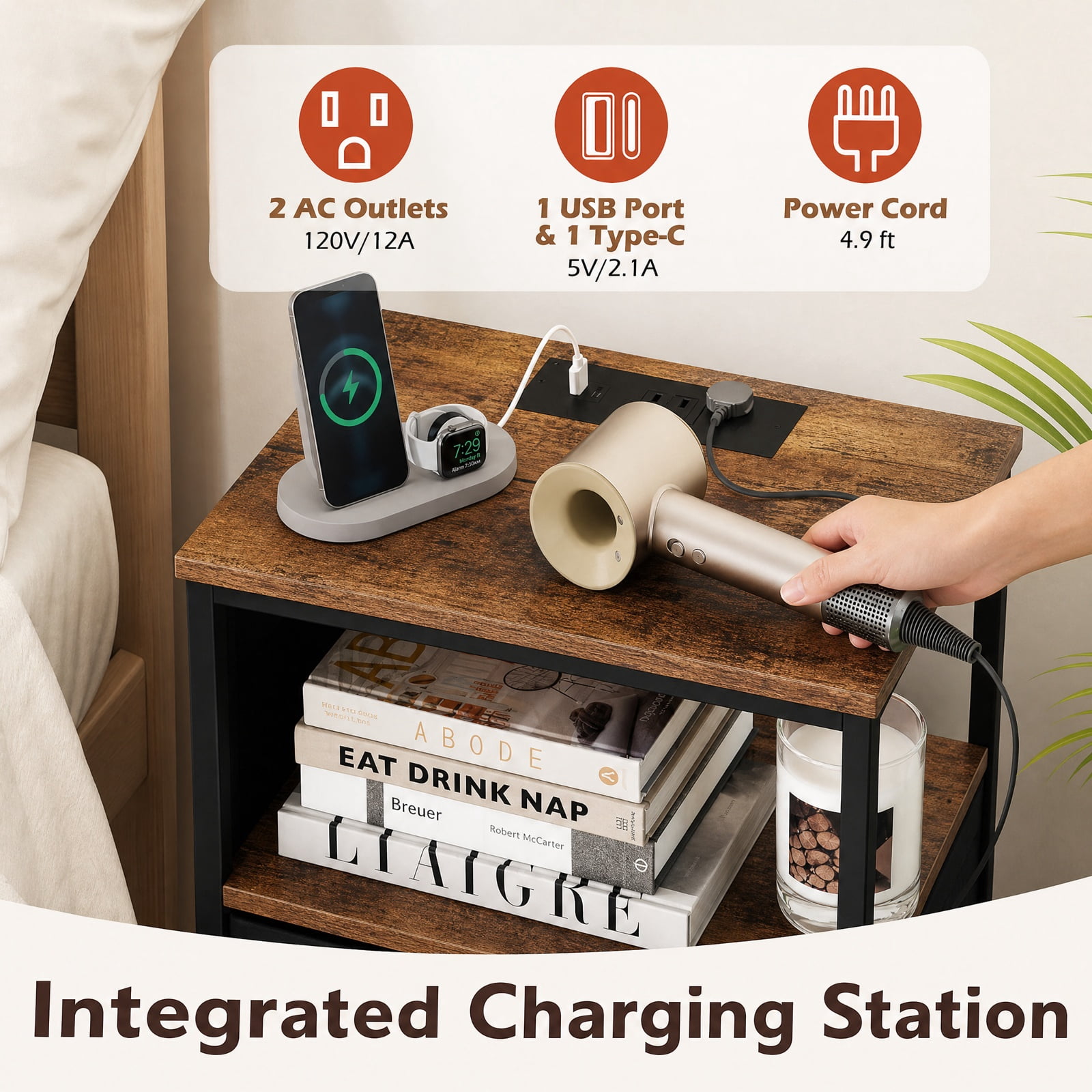 Furnibear 34-Inch Nightstand Dresser with Charging Station and 4 Fabric Drawers, Rustic Brown and Black