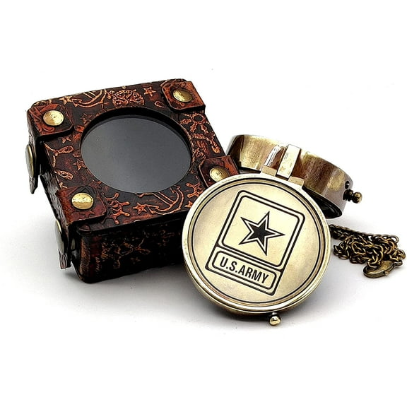5MOONSUN5's US Army Engraved Brass Military Compass Nautical Marine Gift A Perfect and Unique Gift for Army Person Survival Navigation Compass for Hiking Camping Hunting with Leather Display Case