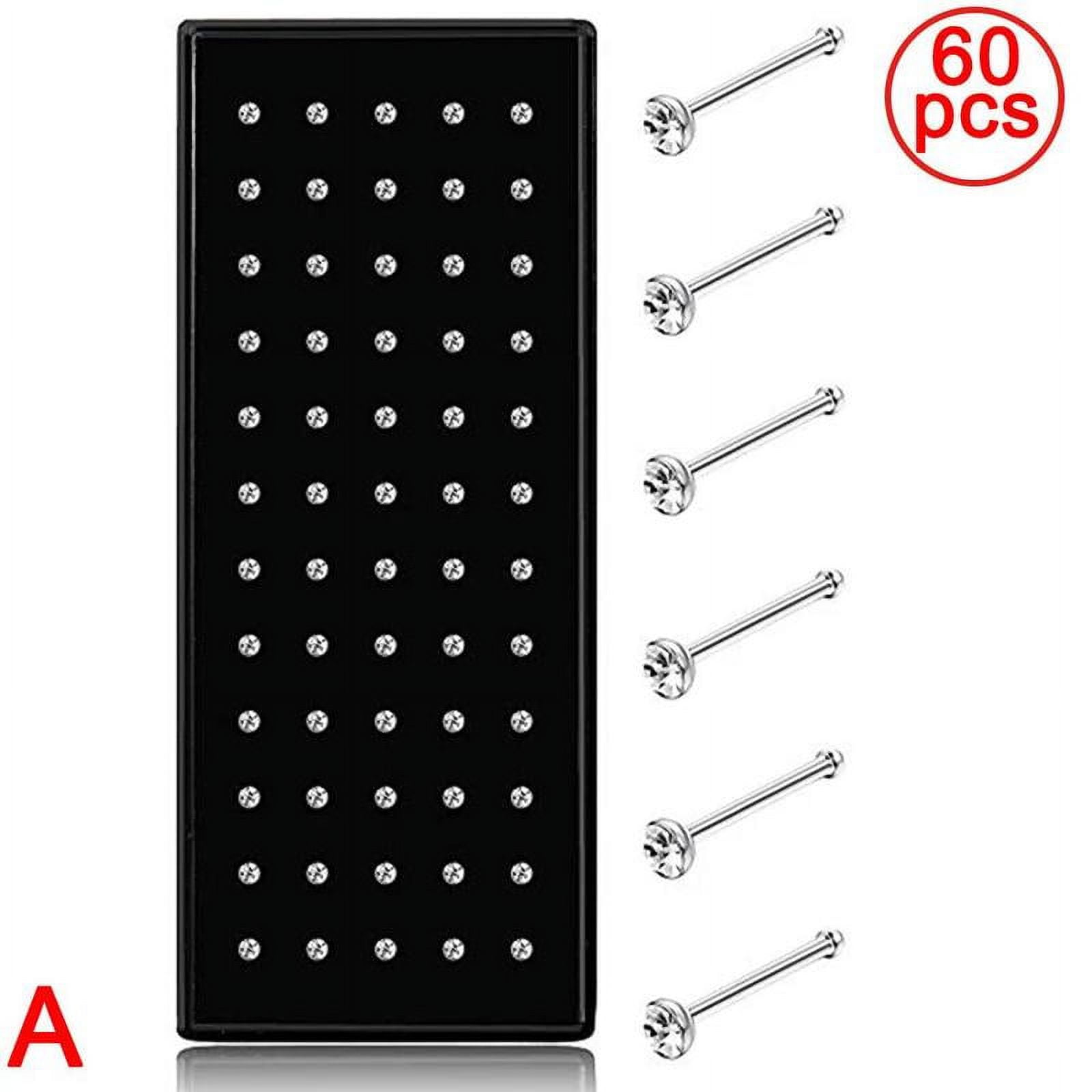 60Pcs Stainless Steel Nose Stud Set, Rhinestone Inlaid Nose Piercing Jewelry for Daily Body Decoration