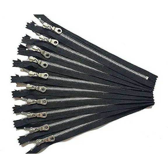 14 Inch Aluminum Silver Metal YKK Zippers in Black Number 5 Set of 12 Pieces by Craftbot