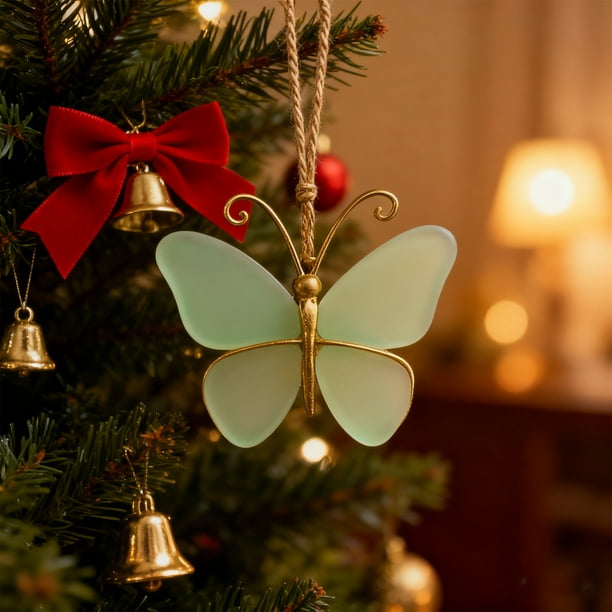 Seyotauo Sea Glass Christmas Ornament - Blue-Green Butterfly Shaped Pendant, Edged Sea Glass Material, Light-Catching Christmas Tree Decor, Friendship Christmas Gifts for Home Office Holiday Decor