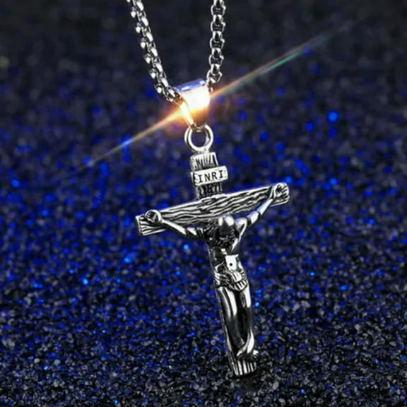 QQTDFG Men's Stainless Steel Jesus Christ Crucifix Cross Pendant Chain Necklace-Silver