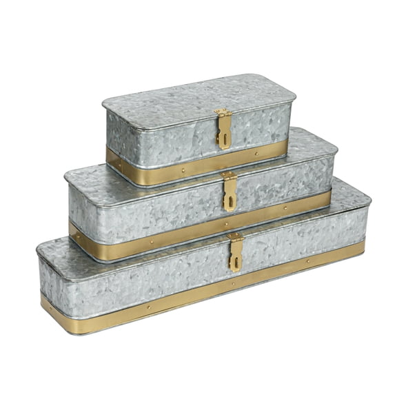 Creative Co-Op Decorative Metal Boxes with Lid, Galvanized Metal with Gold Band, Set of 3