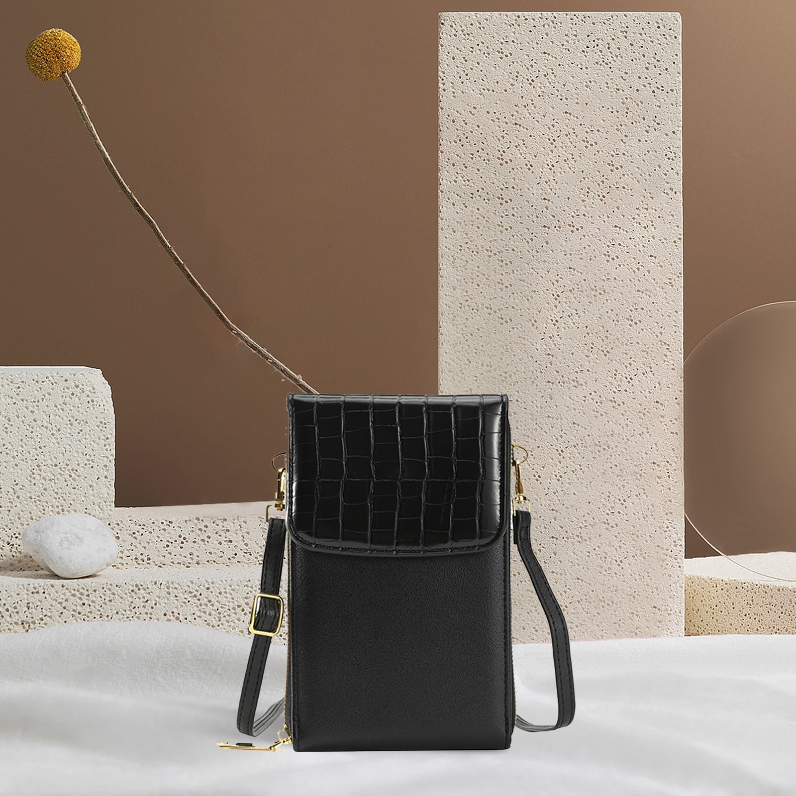 Sac à Bandoulière Femme - Cuir Synthétique Souple - Multi-poches - Noir - 26x12x19 Cm - Sangle Réglable - 2