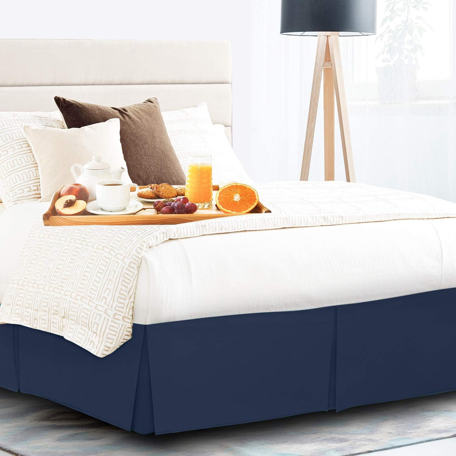 Twin XL Size Pleated Bed Skirt, Navy Blue, 10 Inch Drop, 120 GSM Microfiber, Wrinkle-Free, Fade Resistant, Easy Fit Box Spring Cover