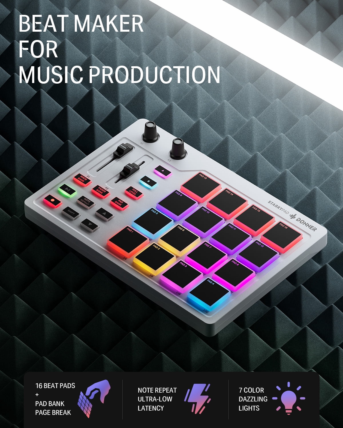 Donner STARRYPAD Professional MIDI Pad Beat Maker Machine with 16 Beat Pads, Melodics Lessons,White