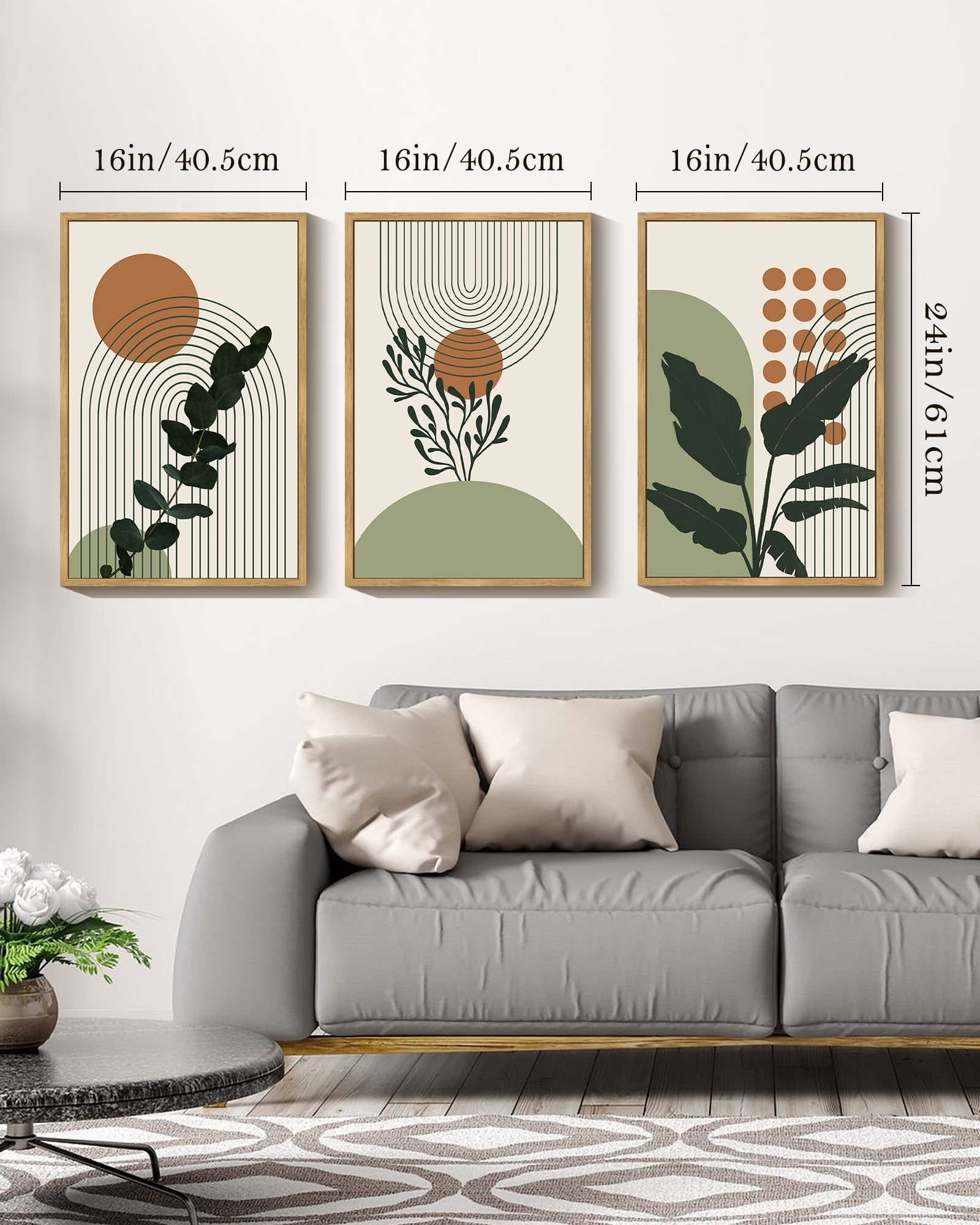 16x24in Natural Framed Boho Plant Wall Art Green Botanical Bohemain Wall Printing Abstract for Office Dining Room Hallway Canvas Prints with Leaf & Sun Lines