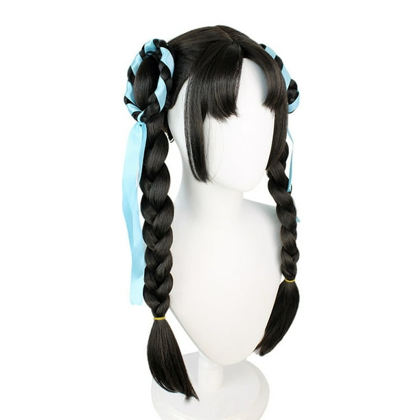 Peluca trenzada marrón oscuro para cosplay de 60 cm con cintas azules