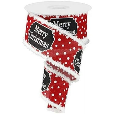 Fluffy Edge Merry Christmas Ribbon - 2 1/2" x 10 Yards, Red with White Polka Dots, White Fuzzy Flocked Edges, Farmhouse Decor, Wreath