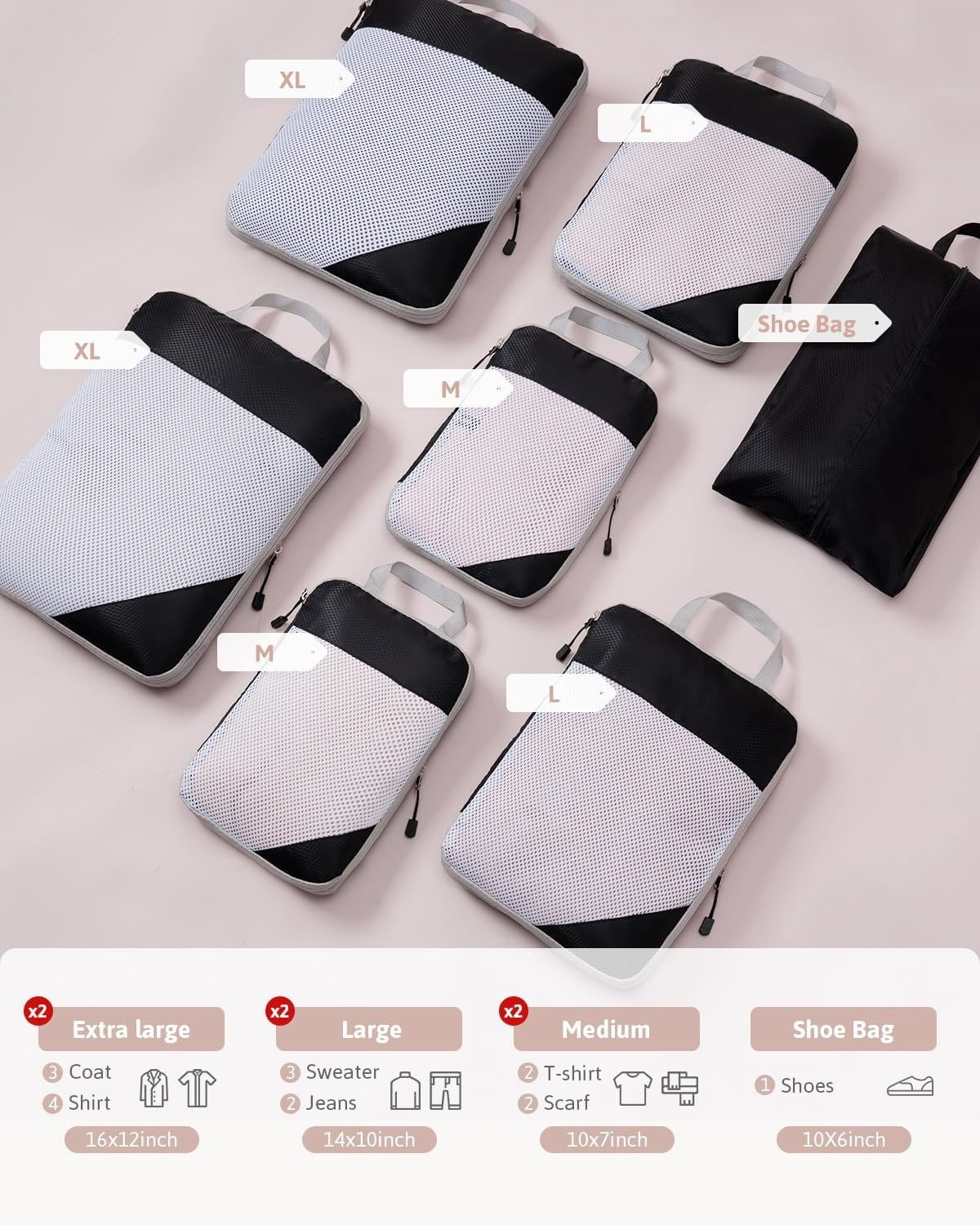 7 Set Compression Packing Cubes for Travel, Durable Ripstop Mesh Suitcase Organizer with Shoe Bag, Ultralight & Expandable Space Saver Travel Cubes