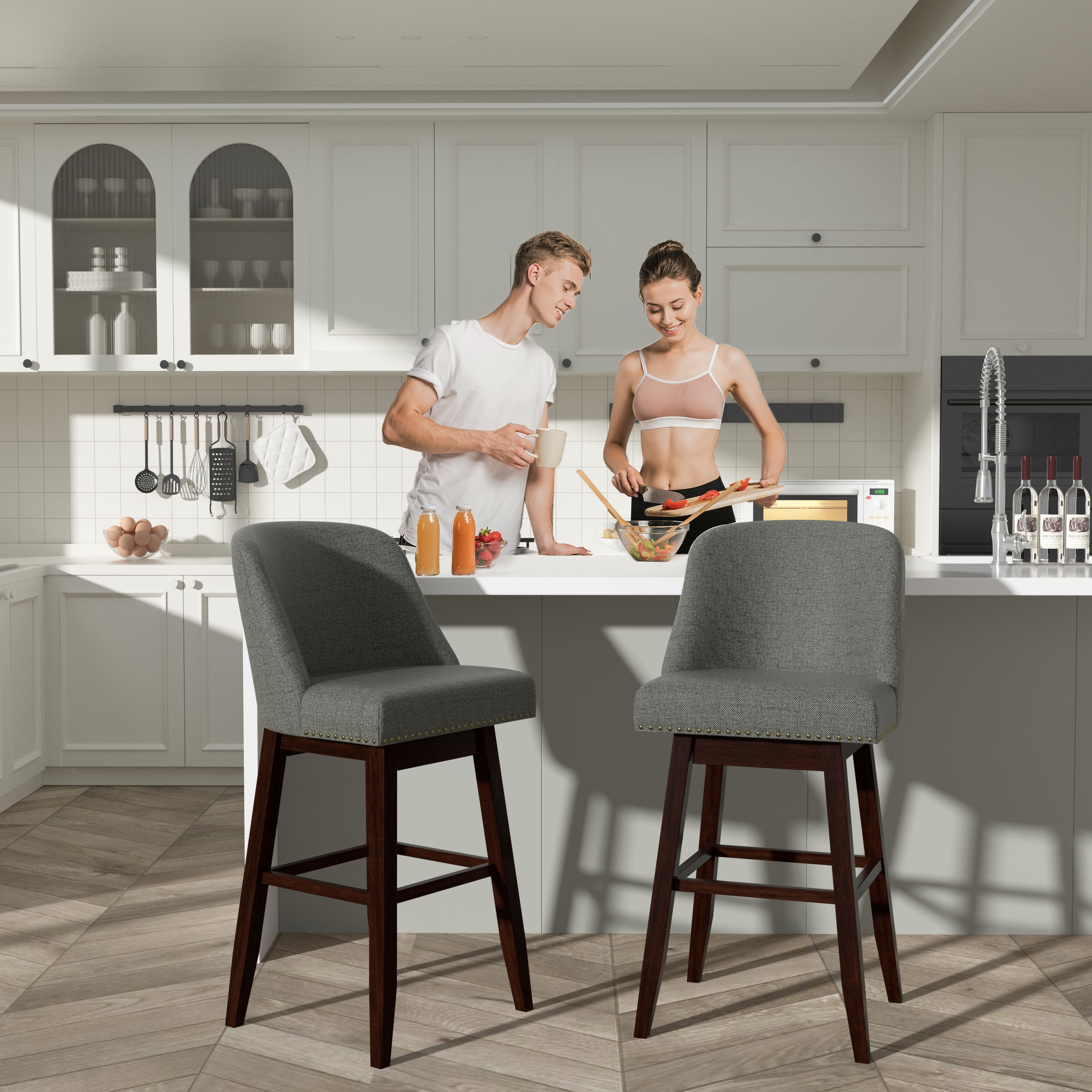 Tolead 30" Upholstered Swivel and Wood Legs Bar Stools - Set of 2, Gray