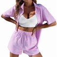 thumbnail image 2 of Womens Collar Casual Striped Short Sleeve Pants Set Two Piece Lounge Wear Summer Outfit Suit M, 2 of 7