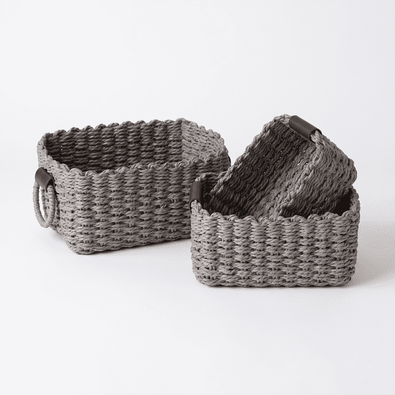 Small Baskets Set of 3, Small Wicker Baskets for Shelves & Bathroom Toilet Paper Organization, Decorative Paper Rope Organizers, Wicker Storage Baskets, Gray