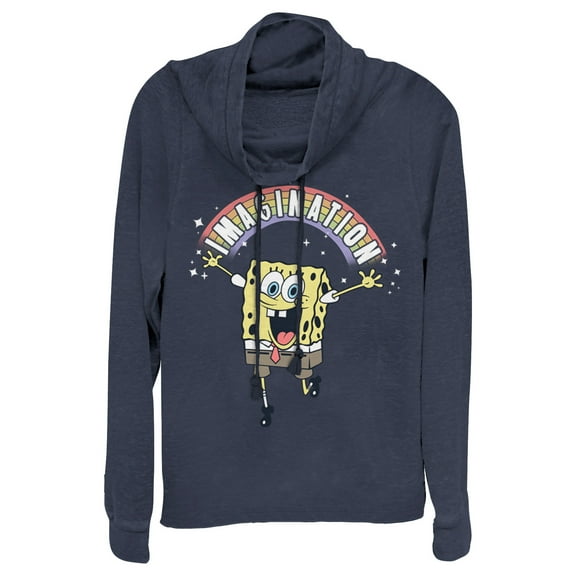Junior's SpongeBob SquarePants Imagination Rainbow  Cowl Neck Sweatshirt Navy Blue Medium
