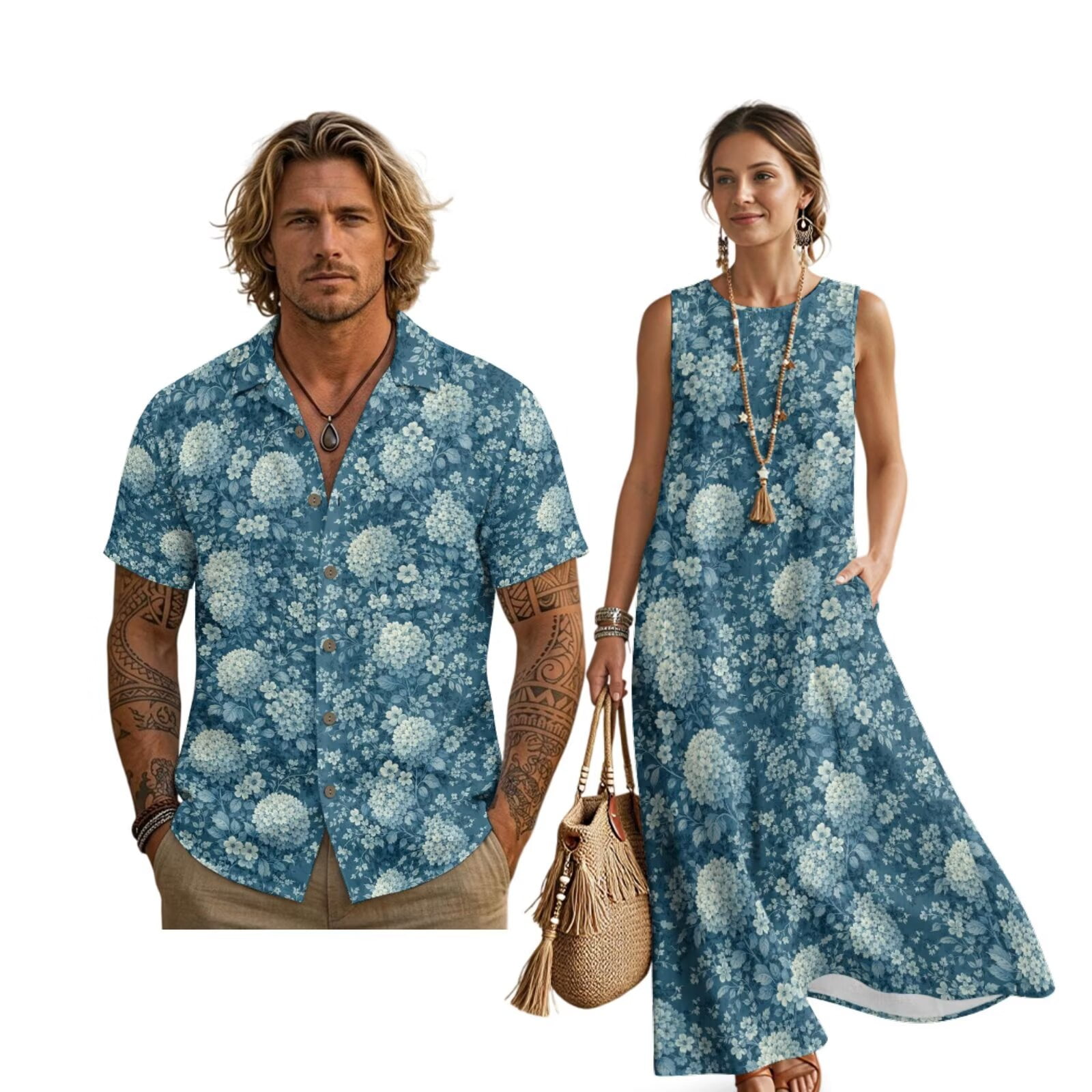 Renewold Summer Dress Floral Plus Size Round Neck Sundress for Women, Cuban Collar Short Sleeve Shirts for Hawaiian Casual Beach Tops Couple Matching Set, Blue Hydrangea Floral Print, S