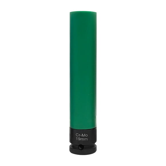 1/2 Inch Drive Wheel Nut Socket, Chrome-Moly Steel Construction with Nylon Sleeve for Hub Protection, 19mm Size, Green Color, Length-Enhanced Design to Prevent Rim Scratches, Single Pack (16x3x3cm,