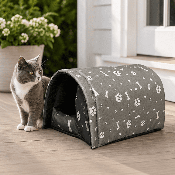 Outdoor Cat Shelter Winter, Padded Foldable Pet House, Black Arch Waterproof Windproof, Sunscreen Feral Cat House, Warm