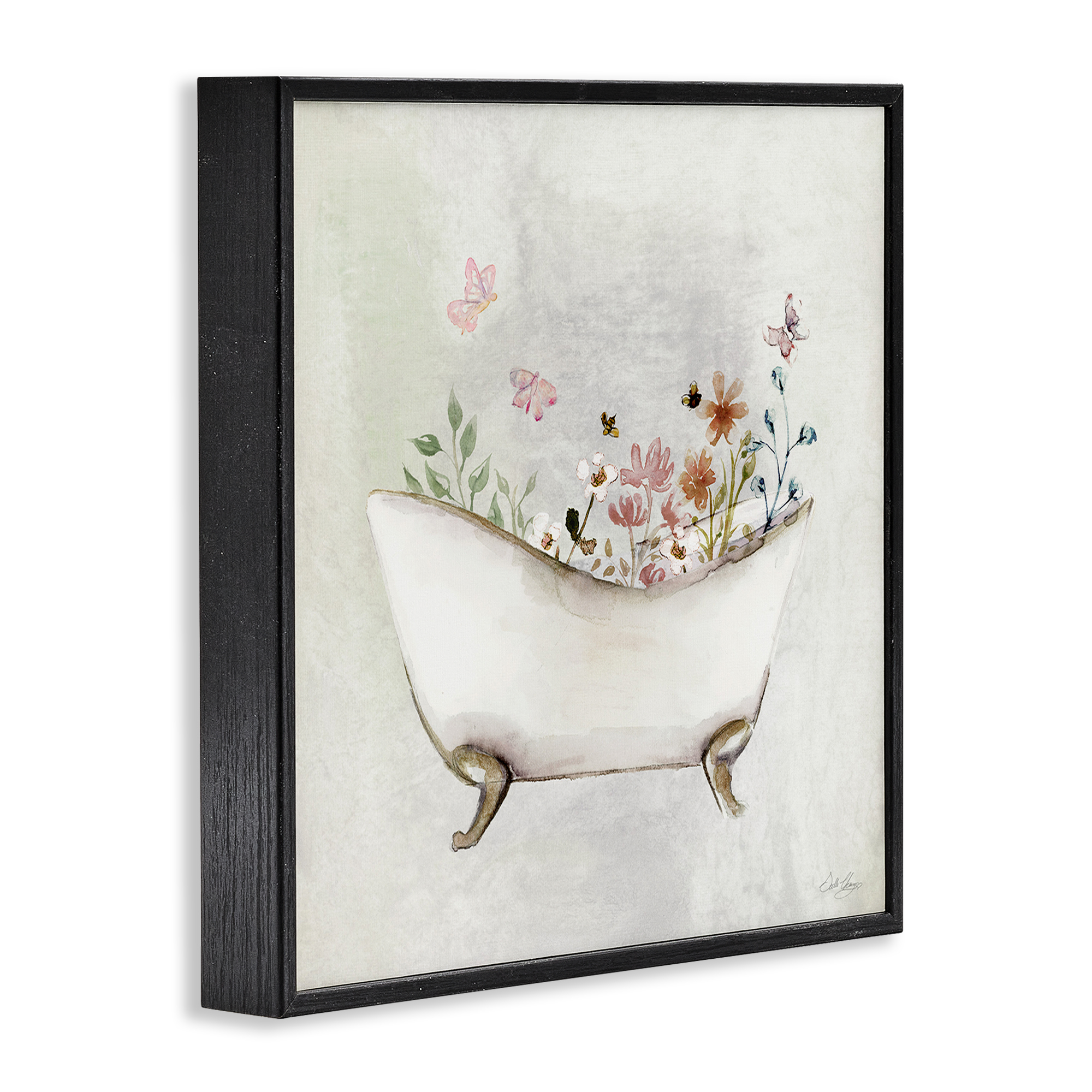 Stupell Industries Butterfly Floral Bath Typography Painting Black Framed Art Print Wall Art, 17 x 17