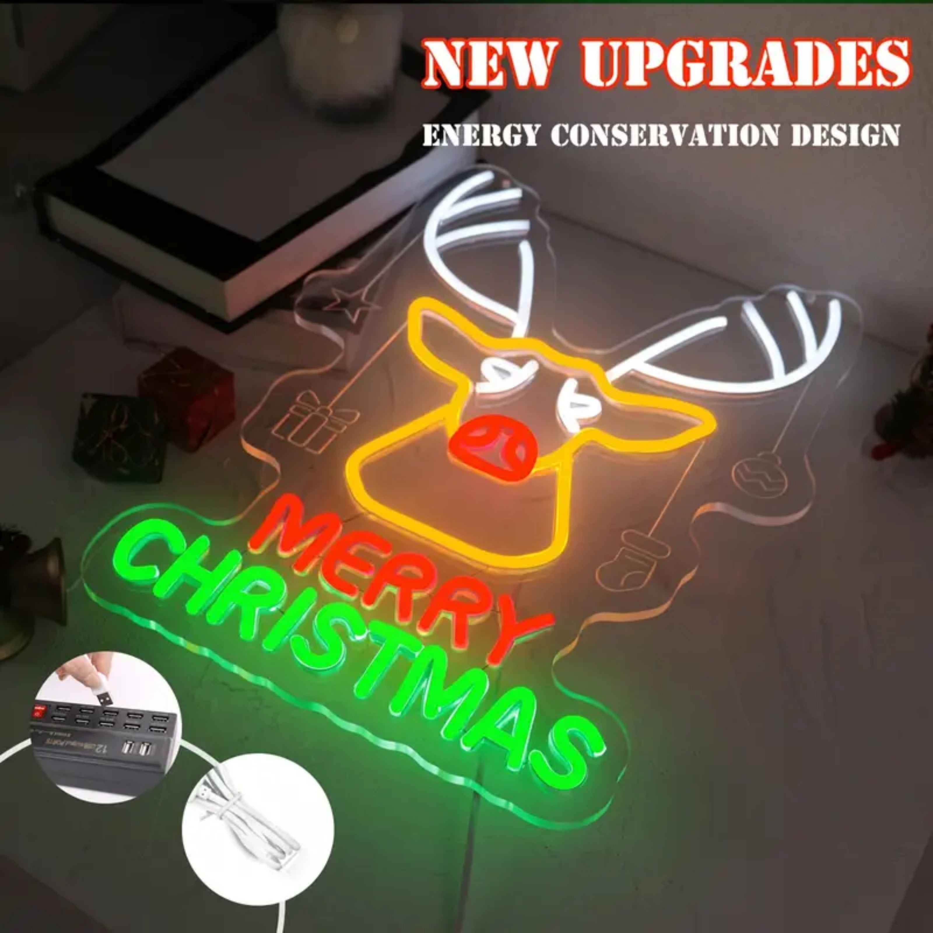 UPONRAY Christmas Reindeer Neon Signs, 17.7"*13" Dimmable & USB-Powered LED Neon Light, Stylish Wall Decor for Christmas Tree, Bed Room, Living Room, Party, Bar