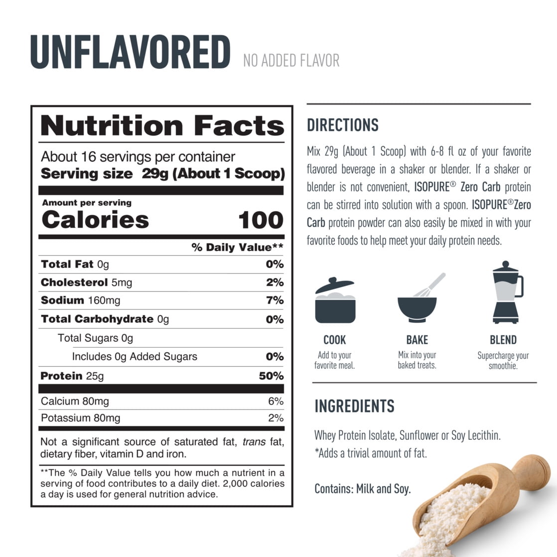 Isopure Zero Carb 100% Whey Protein Isolate Unflavored Protein Powder, 25g, 16 Servings