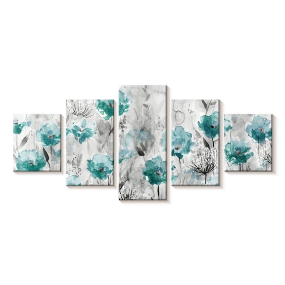 Elephant Stock Teal Poppy Garden Wall Art - Horizontal Multi Panel Canvas - Living Room Wall Decor - Abstract Multi Panel - Gray And Black Decor By Carol Robinson - 29" x 12"