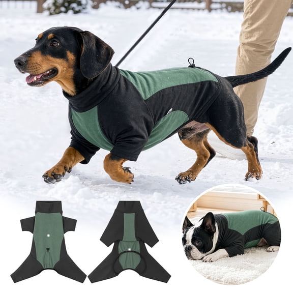 YYDENG Color‑Block 4‑Legged Pet Hooded Jumpsuit, Warm Adjustable Dog Winter Coat with Leash Hole, Indoor Outdoor Cold‑Weather Dog Apparel
