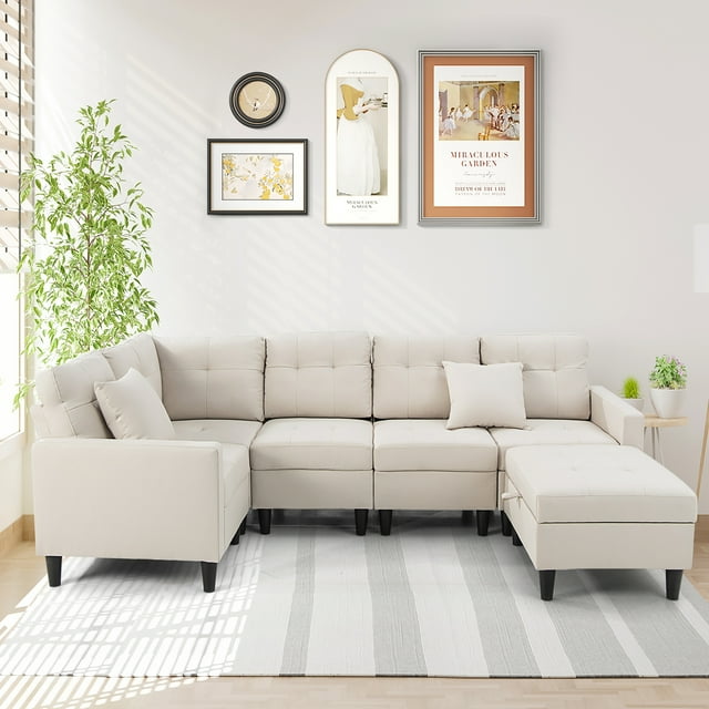 Gymax L-shaped Sectional Corner Sofa Set, Living Room Furniture with Storage Ottoman, Beige