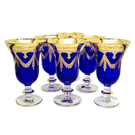 Interglass - Italy, Cobalt Blue Crystal Wine Goblets, Vintage Design, 24K Gold Hand Decorated, 10 oz, Set of 6