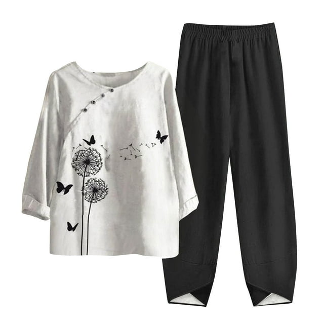 Mikilon Ensemble Élégant pour Femmes 2 Pcs Coton & Lin Imprimé Manches Cinq-Quarts Col Rond Haut + Pantalon Décontracté Ensemble Deux Pièces Chic & Confortable Manches Courtes Col Rond Haut/chemise Blanc 4TG
