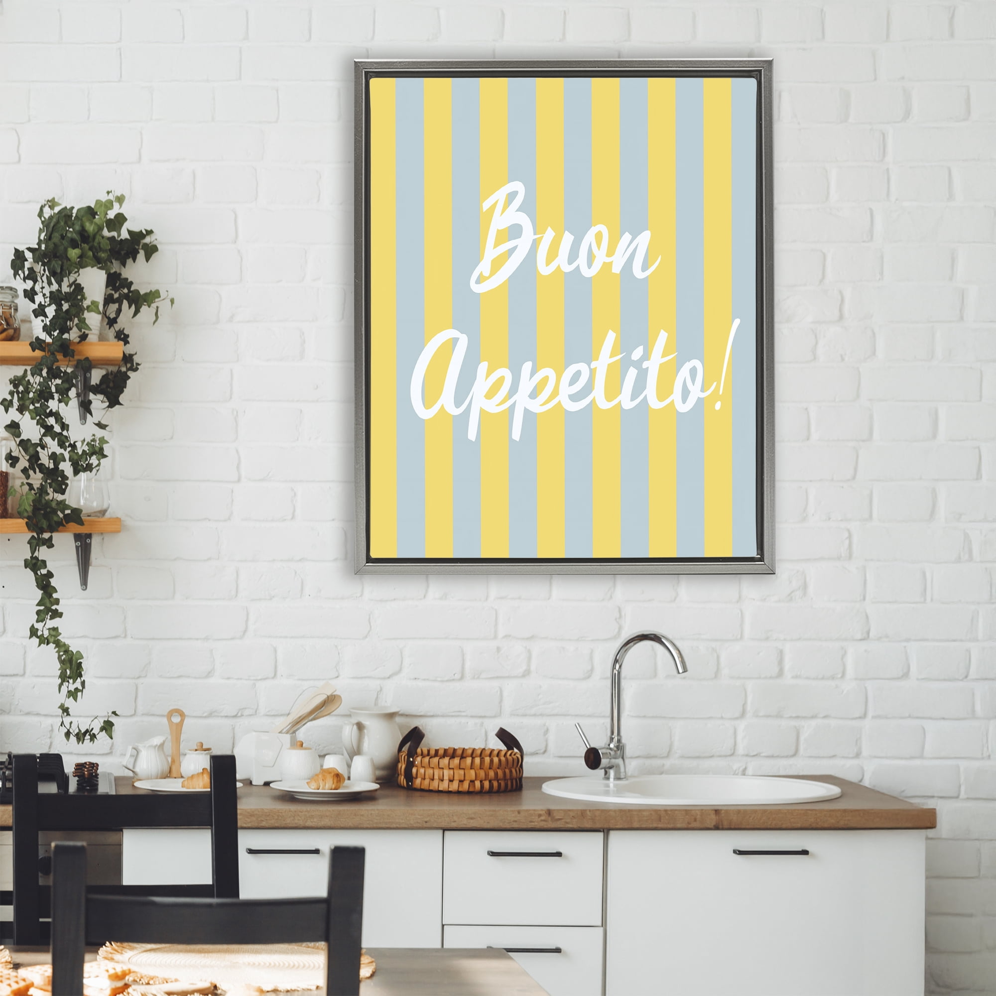 Stupell Industries Buon Appetito Blue Yellow Stripes Gray Framed Floater Canvas Wall Art, design by SD Graphics Studio