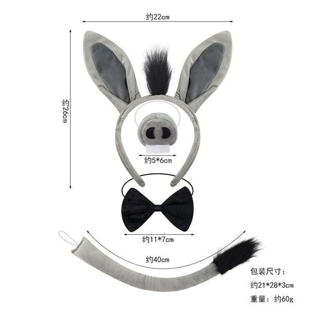 KAKOWELY juego de disfraz de burro: orejas de burro, diadema, nariz, pajarita y cola. Accesorio divertido para Halloween, carnaval, cosplay.