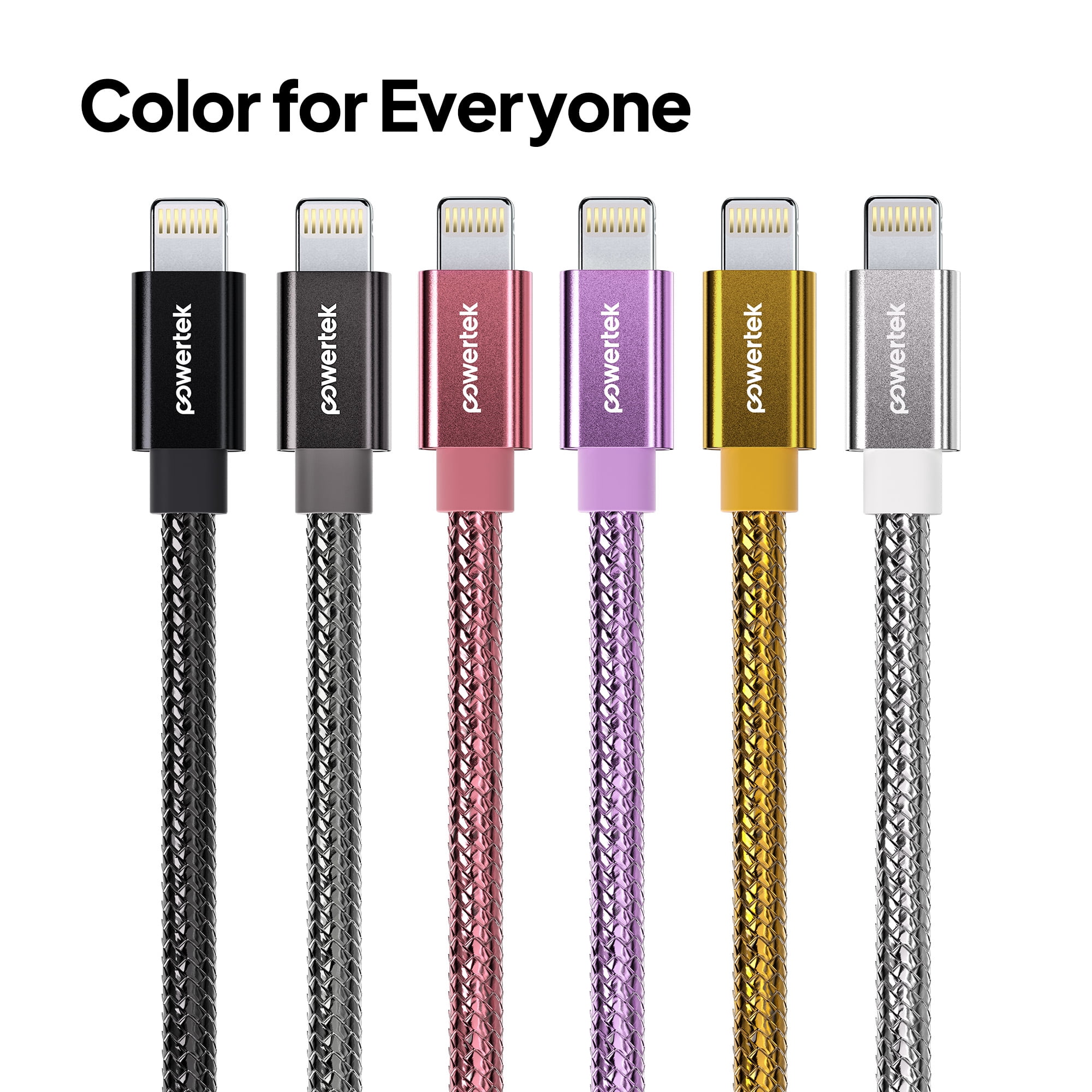 Powertek Luxe 6ft USB-A to Lightning Cable, Purple, Fast Charge & Sync, Metallic Mesh PVC Jacket, Durable Tangle-Free Design